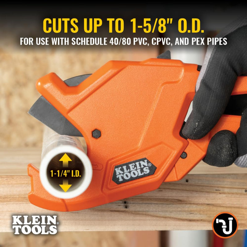 [Australia - AusPower] - Klein Tools 50044 Ratcheting PVC Pipe Cutter Tool, 1-1/4 Inch I.D. Cutting Capacity for PVC, CPVC, and PEX Pipes, One-Handed Blade Retraction 