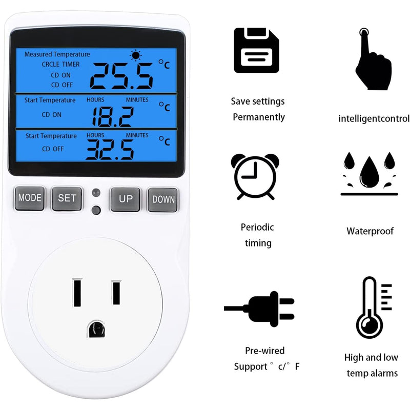 [Australia - AusPower] - Backlit Digital Temperature Controller, LCD Screen Heating Cooling Thermostat Outlet Socket with Sensor Timer Regulator for Reptile Incubator Greenhouse Brewing Refrigerator, 110V, 15A, ?/? 