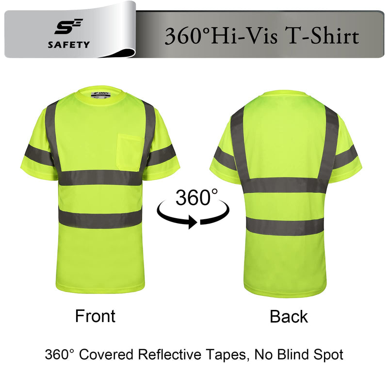 sesafety 360° Ultra-Bright Reflective Safety Shirts for Men, ANSI Class 3 High Visibility Construction Work T-Shirts with Pocket, Durable Silver Tapes to Keep You Seen and Safe Large Yellow 1