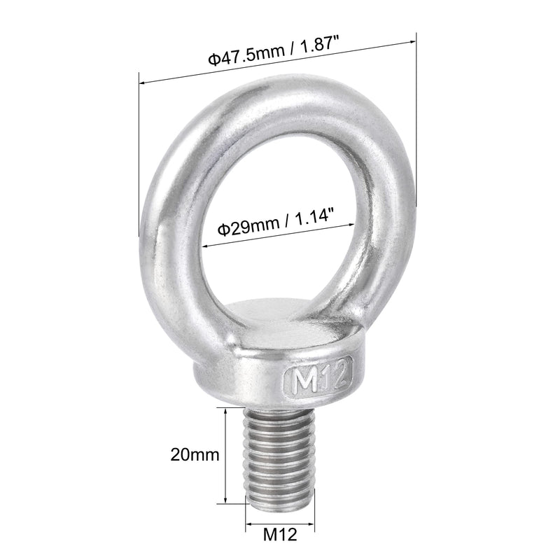 [Australia - AusPower] - uxcell Lifting Eye Bolt M12 x 20mm Male Thread with Hex Screw Nut Gasket Flat Washer for Hanging Securing Chain Wire Rope, 304 Stainless Steel, 4 Sets 