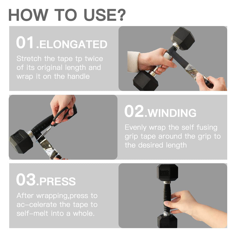 Self-Fusing Silicone Grip Tape for Gym Equipment, Pull Up Bars, Barbells, Dumbbells, Sports Gear, Handles & Steering Wheel, and Tools (Black, 5 FT) Black