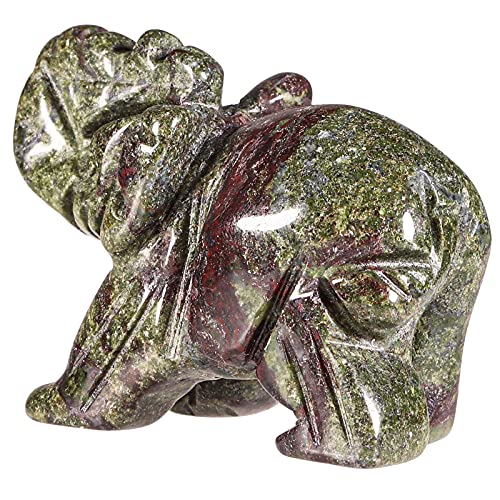 mookaitedecor Hand Carved Dragon Bloodstone Elephant Crystal Statue Green & Red