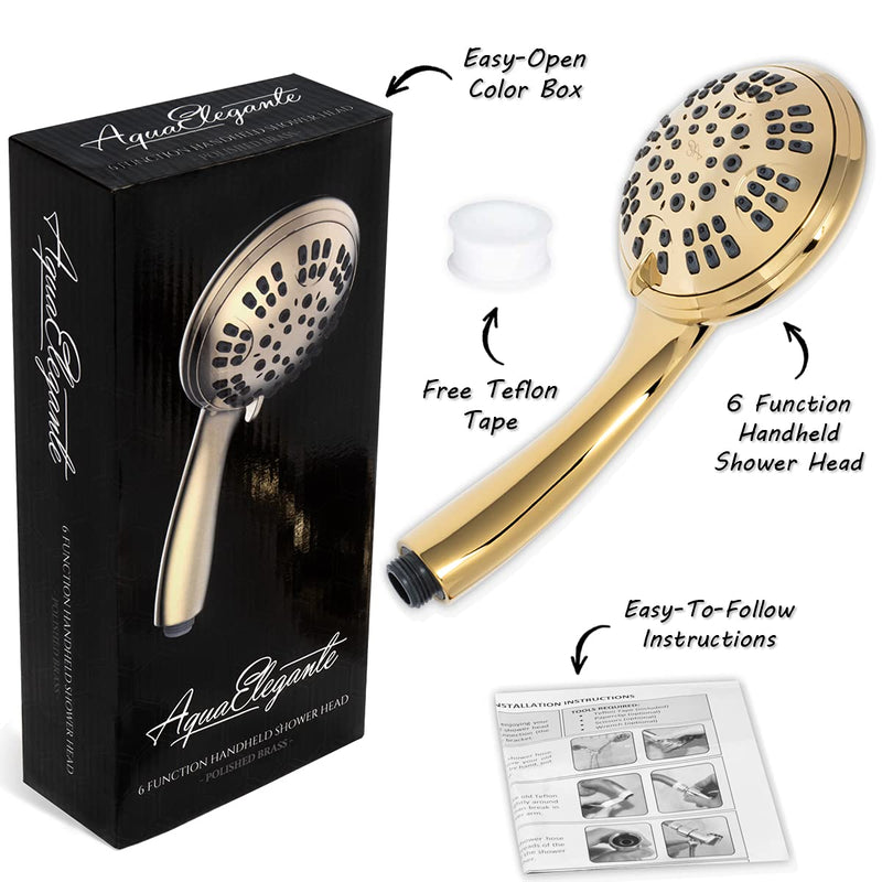 Aqua Elegante Luxury Handheld Shower Head - 6 Function High Pressure Hand Held Showerhead for Low Water Flow with Self-Clean Nozzles, Easy Install Replacement Sprayer - 2.5 GPM - Polished Brass