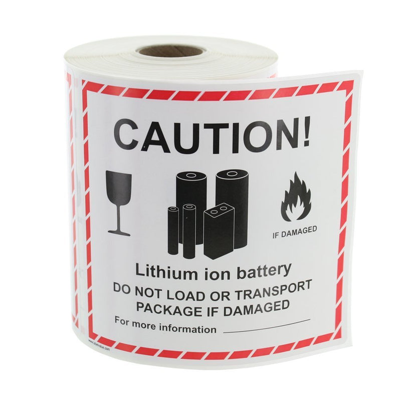 Caution Lithium Battery Warning Labels, 4.5” x 4.75”, Red Border, 300 Labels per Roll – Permanent Adhesive Safety Stickers for Packaging and Transport