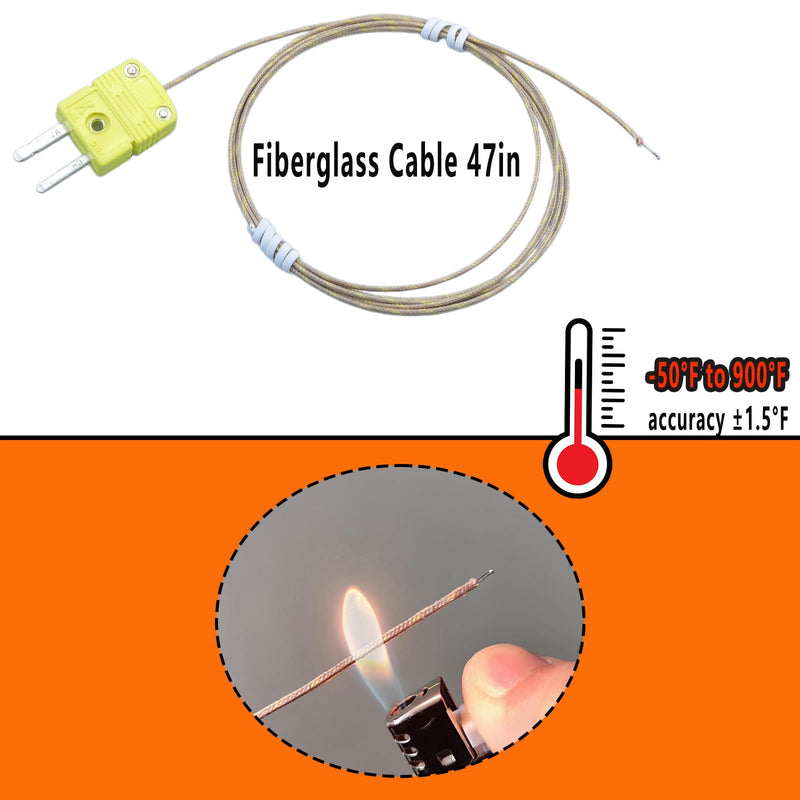 [Australia - AusPower] - 3-Piece K-Type Thermocouple Probe Fiberglass Cable 47in Type K Thermocouple Measurement Range -50°F to 900°F 