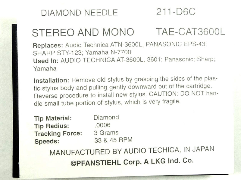 [Australia - AusPower] - Pfanstiehl Phonograph Needle For Audio Technica AT3600L ATN3601 Panasonic EPC-36, EPS-43, 75SMHD, EPS-43STSD, EPS-75STHSD, Sharp STY-123, Yamaha N-7700 
