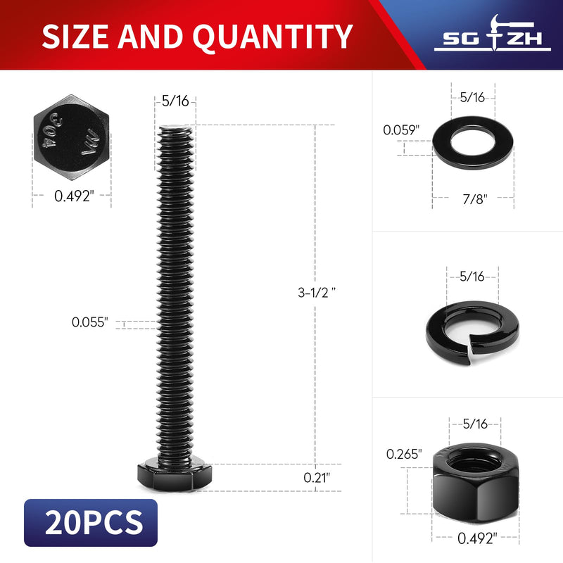 5/16-18 x 3-1/2" Hex Head Screw Bolt, Nuts, Flat & Lock Washers, 20Pcs 18-8 (304) Stainless Steel, Fully Threaded, Black Oxide by SG TZH 20 5/16-18 x 3-1/2"