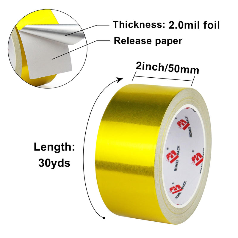 BOMEI PACK Aluminum Foil Tape, Gold, 2 Inch x 90 Feet, Heavy Duty, Waterproof, HVAC & Pipe Sealing