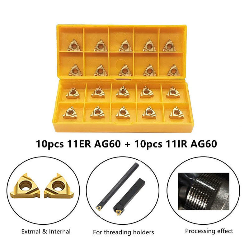 [Australia - AusPower] - Lathe Threading Inserts 11ER AG60 + 11IR AG60 Carbide Inserts for External Thread/Internal Thread Turning Tool Holders for for Stainless Steel and Iron,20pcs… 11ER/11IR 
