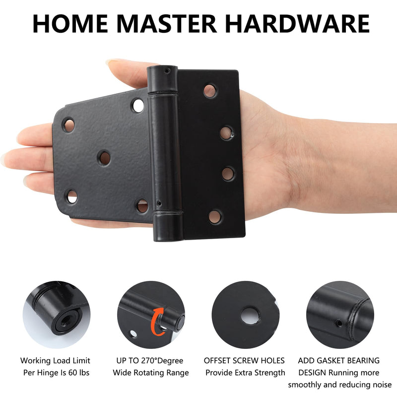 HOME MASTER HARDWARE Self-Closing Gate Kit Black - 3.5 in Spring Tee Hinges 2 Pack + Self-Adjusting Gate Latch 1 Pack