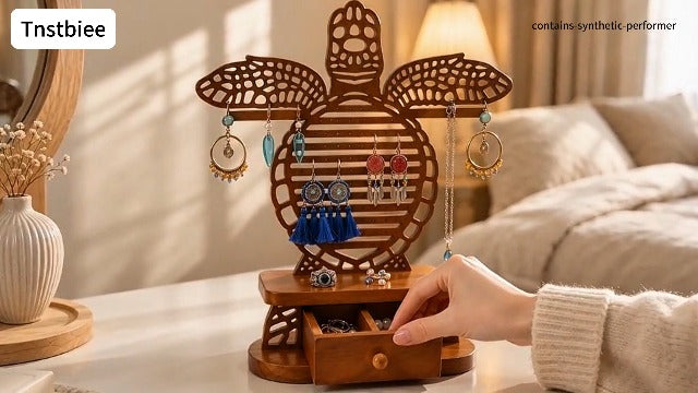 Wooden Sea Turtle Stud Earring Organizer, Jewelry Holder with Storage Box Brown gray with Storage Box