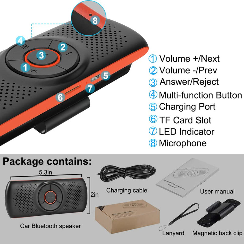 [Australia - AusPower] - SKYBESS Car Bluetooth Speaker for Cell Phone, Portable Bluetooth Handsfree Car Kit Wireless in Car Speakerphone Music Player with Visor Clip, Supports Siri Google Assistant TF Card Playback 