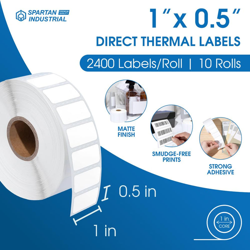 Spartan Industrial - 1" X 0.5" Direct Thermal Labels (24000 Count, 10 Rolls) - Barcode Stickers, SKU Labels, Small Item Identification - Compatible with Zebra Printers, NOT Rollo Compatible 1" X 0.5"