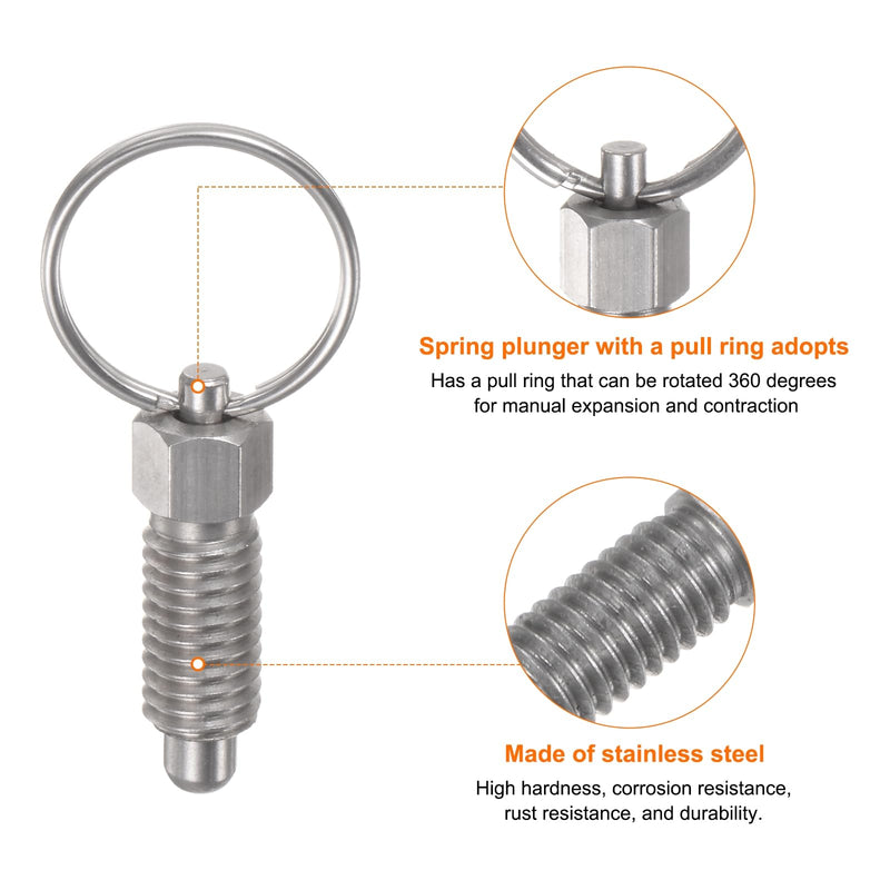 [Australia - AusPower] - 2Pcs Spring Plunger with Pull Ring M10x1.5 Thread Size 0.79" Thread Length Pin Dia.6mm Round Head Stainless Steel Non-Locking Retractable Index Plunger for Industrial Equipment 