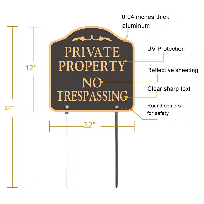 Large (2 Pack) No Trespassing Signs Private Property, Metal, Aluminum, Includes Metal Yard Stakes for Easy Installation, 12x12 Inches
