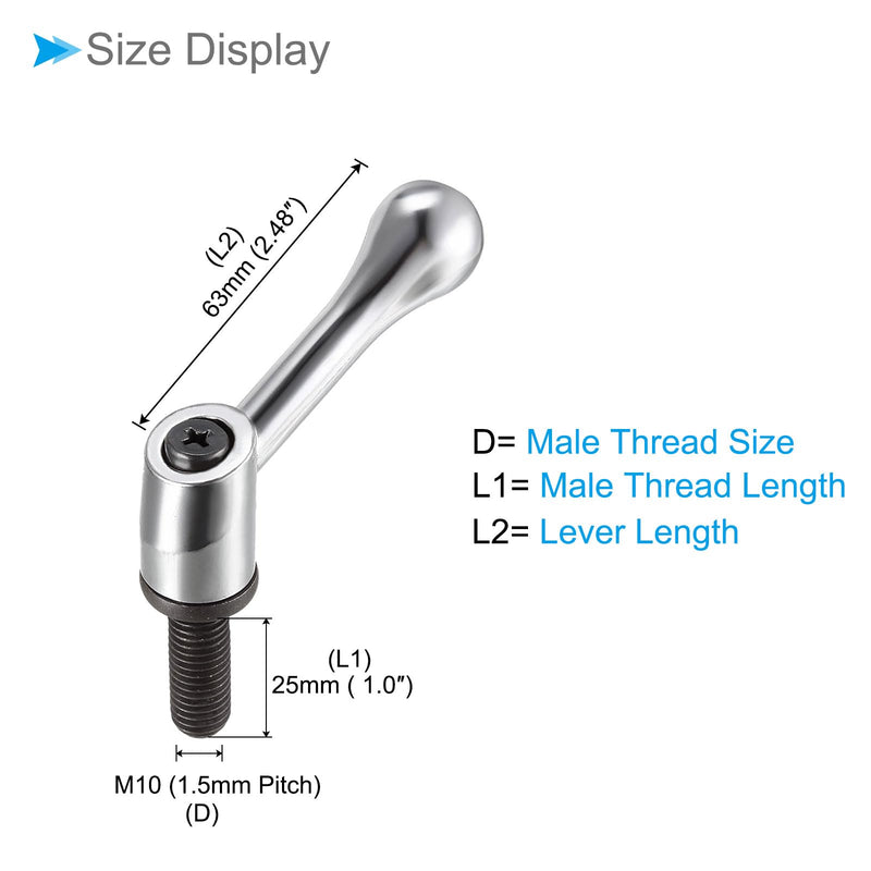 [Australia - AusPower] - Clamping Lever Handles, M10 x 25mm Male Thread, Adjustable Quick Release Locking Rotating Bolt Knobs Silver Tone - (Applications: for Lathe Machinery), 2-Pieces 
