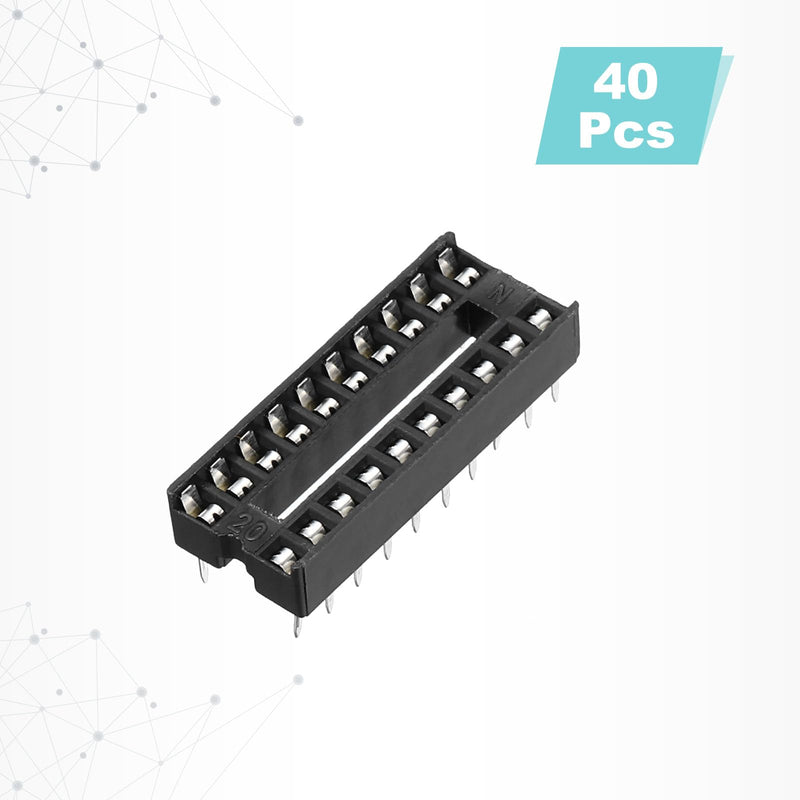 QUARKZMAN DIP IC Socket 20-Pin Dip IC Sockets Black Pack of 40 | 2.54 mm pitch flat pin chip connector adapter, for breadboard project PCB board design, 2.54 mm pitch