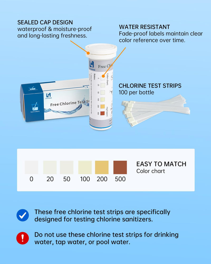 [Australia - AusPower] - 0-500 ppm Chlorine Test Strips for Restaurant Sanitizer Test Kit, 100 Strips per Vial, Bleach Test Strips, Testing Kit for Food Service, Bars, Hotels, Kitchen Supplies, Food Trucks, Daycare, Factory 0-500PPM 