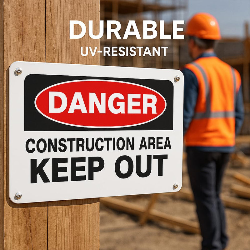 Danger Construction Area Keep Out Sign, 14x10 Aluminum, 4 Pack | Rust-Free Aluminum Danger Sign, UV Printed For Job Site, Fence, Gate, Warehouse, Construction Area, And Business