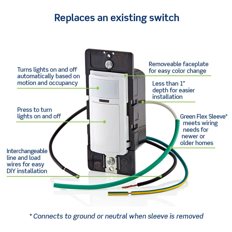 [Australia - AusPower] - Leviton Motion Sensor Light Switch, Motion Activated, Auto-On/Auto-Off or Manual-On, 2A, No Neutral Wire Required, Single Pole, DOS02-LW, White 