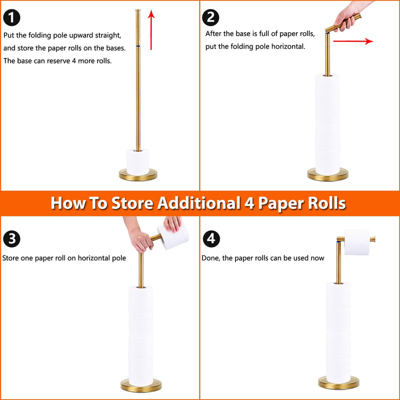 Toilet Paper Holder Stand Bathroom Toilet Paper Storage for 4 Paper Rolls with Heavy Base, Freestanding Toilet Paper Roll Holder (Gold) Gold Stainless Steel