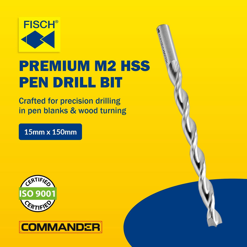 Fisch Pen Drill Bits (15mm x 150mm) - Pen Maker Flutes for Wood Turning, Pen Blanks and Pen Making - Durable, Easy to Install, Guarantees Clean Entrance - FSN-322696 - Made from M2 HSS High Speed 15 mm