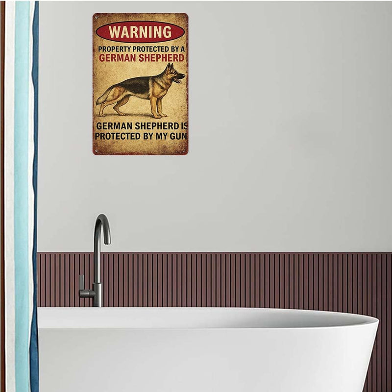German Shepherd Warning Sign - Property Protected by Gun - Rustic Decorative Wall Art - 12x8 inch Aluminum Plaque for Home, Office, or Garage