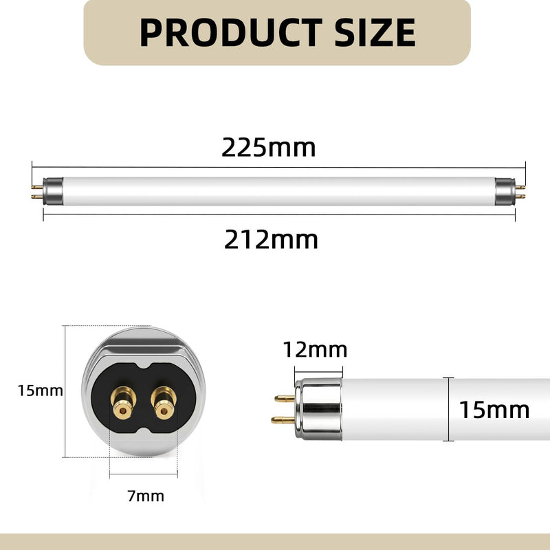 Pack of 2 6W Fluorescent Tube, Size: 225mm, T5 Cool White 4000K, G5 Base, Low Energy Saving Light for Emergency, Suitable for Kitchen, Bathroom, Closet, Garage Cold White