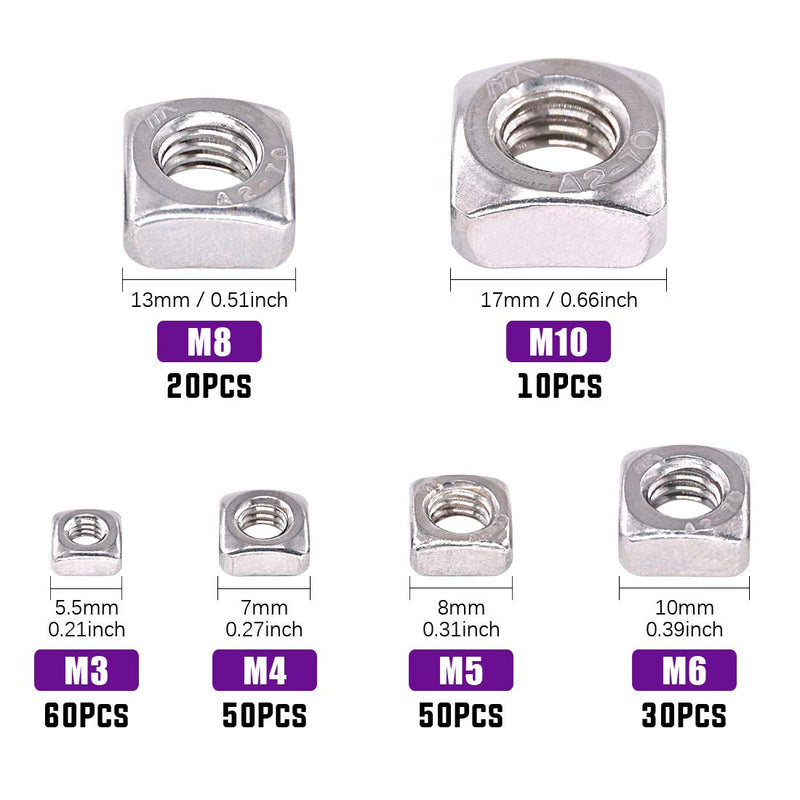 [Australia - AusPower] - Swpeet 220Pcs 304 Stainless Steel 6 Sizes Metric Square Nuts Assortment Kit, Machine Screw Nuts Metric Coarse Thread - M3 M4 M5 M6 M8 M10 