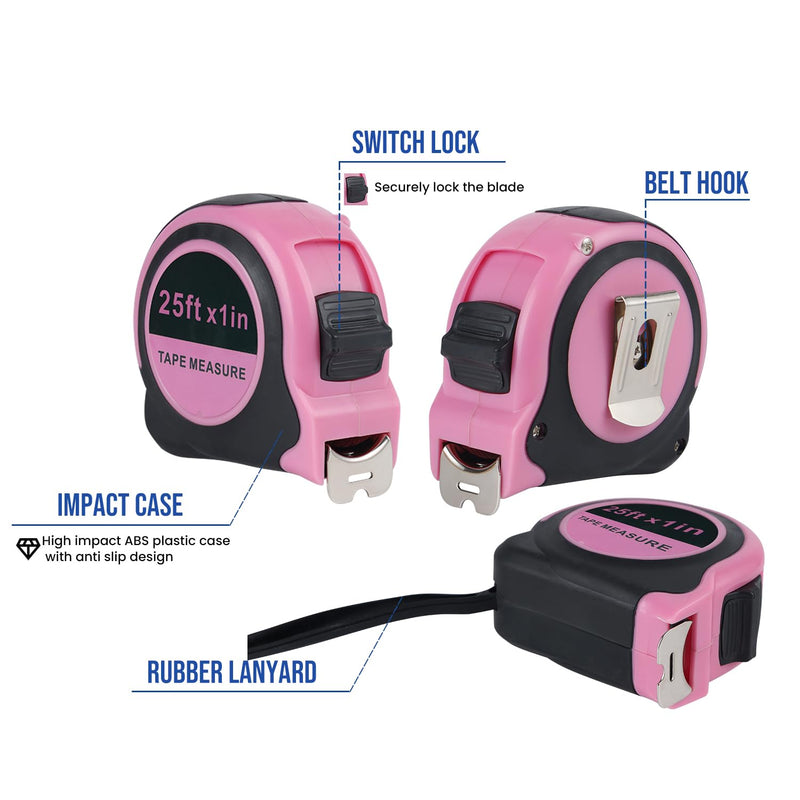 [Australia - AusPower] - Lichamp Pink Tape Measure 25 Feet, Measuring Tape 1 Pack 25ft x 1in with 1/8 Fractions 