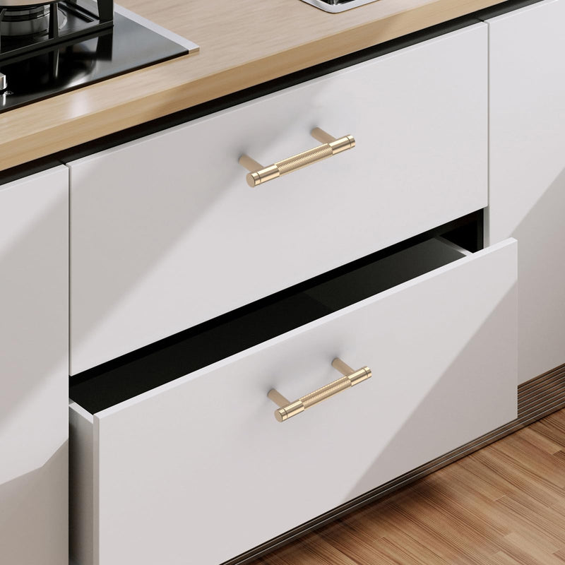 9BUILD 10 Pack Knurled Cabinet Pulls 3 Inch Brushed Brass Kitchen Cabinet Handles Cabinet Hardware Kitchen Handles for Cabinets Gold Drawer Pulls T Bar Drawer Handle 3"/76MM Hole Center