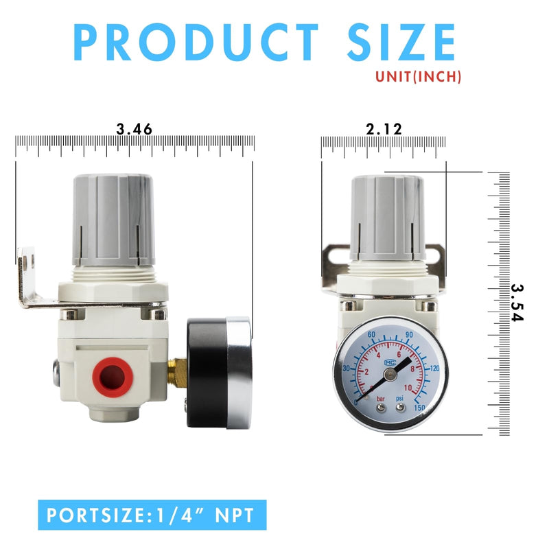[Australia - AusPower] - 1/4" NPT Air Pressure Regulator | Air Regulator for Compressor|Air Compressor Regulator |Air Drying System |150 psi Steel-Protected Gauge 1/4" NPT 