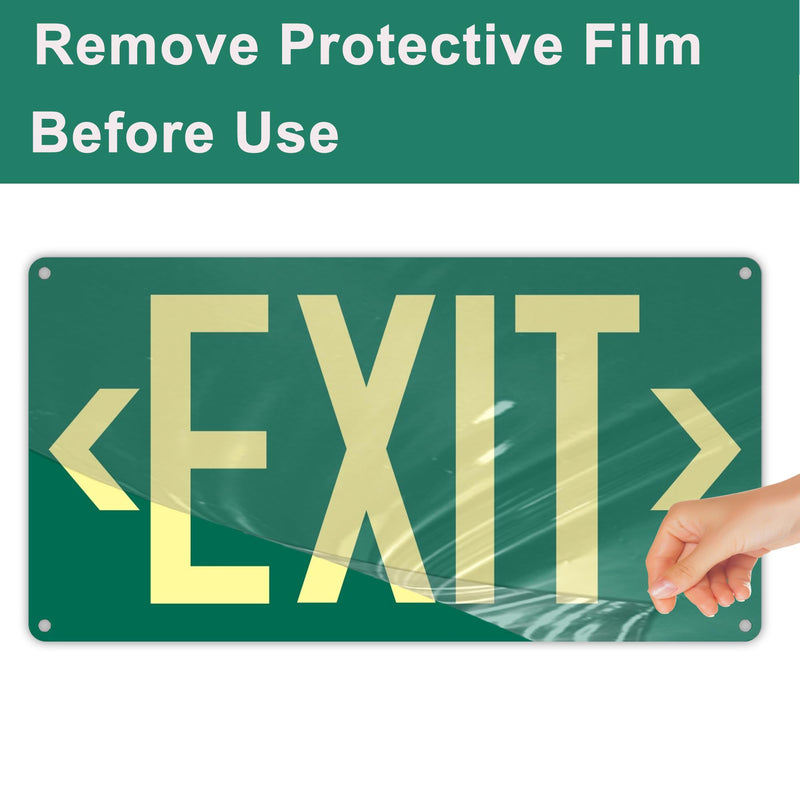 1Pack Photoluminescent Exit Sign Green - Aluminum -14.25"x 7.5" Glow In The Dark Adhesive Backing- Includes 2pcs Removable Arrows- Non Electrical Green Exit Light Green-Metal-1Pack