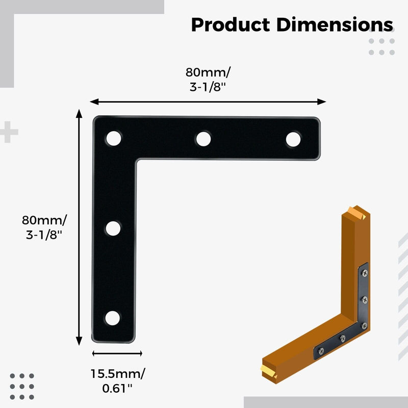 [Australia - AusPower] - Flat Corner Braces, 20 Pcs 3.15x3.15" L right Angle Braces Brackets, Flat Repair Mending Plates for Wooden Frames Beds Tables Cabinets Chairs, Joining Bracket Support Braces with 100 pcs screws, Black 