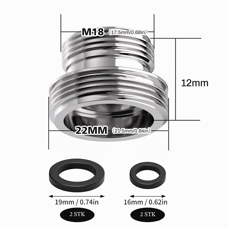 Tap Adapter, 2 Pieces M18-M22 Male Thread Double Thread Adapter Metal Tap Adapter with Rubber Gasket, for Kitchen Taps, Water Filters and Hoses, Water Saving Function M18-22