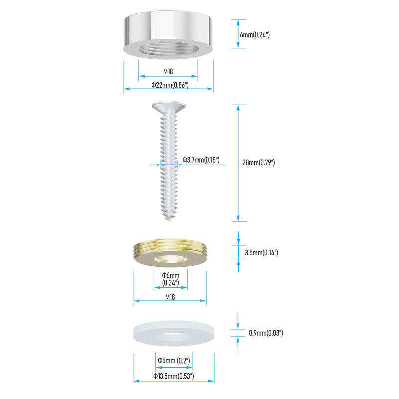 [Australia - AusPower] - 8 PCS 22mm(0.87") Mirror Screws, Brass Decorative Caps Cover Fasteners, Metal Mirror Nails, Polished Flat Silver Lid (Brushed Effect) 