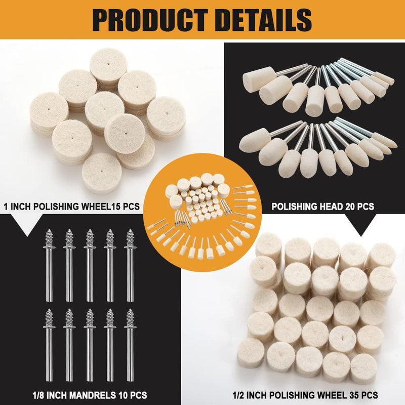 80 Pieces Wool Felt Polishing Discs, Wool Felt Mounted Mandrel Polishing Set with 1/8 Inch Shaft Polishing Accessories for Dremel Rotary Tool Jewellery Metal Glass