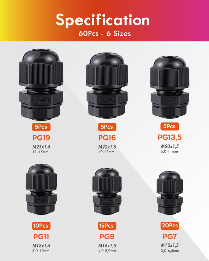 60-Piece Cable Gland Set with Seals, Cable Grommet | IP68 cable grommet waterproof, cable glands for outdoor garden, plastic nylon cable grommets 60 Stück