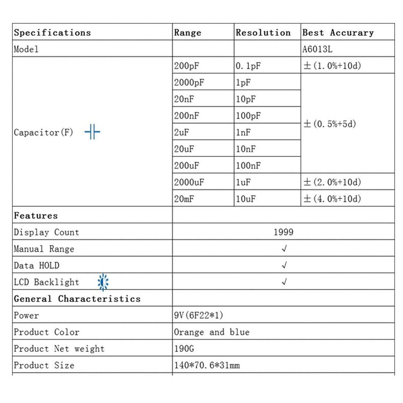 [Australia - AusPower] - Honeytek A6013L Capacitance Meter Capacitor Electronic Measuring Capacitance Tester 