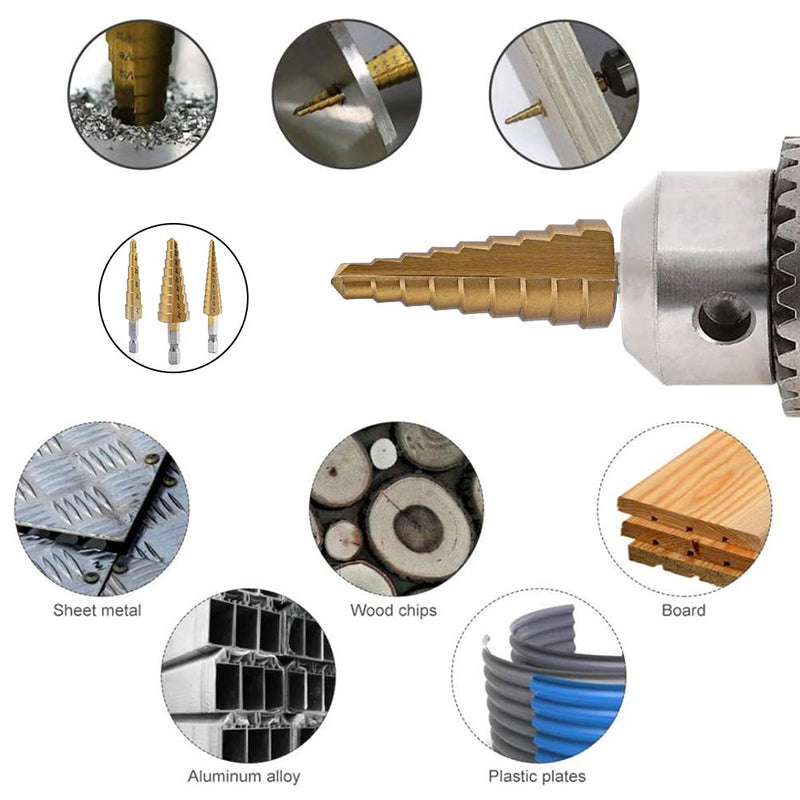 [Australia - AusPower] - Aleric Step Drill Bit Set - Titanium Coated, High Speed Steel Drill Cone Bits for Sheet Metal Hole Drilling Cutting, Multi Size Hole Stepped Up Unibit for DIY Lovers,3pcs 