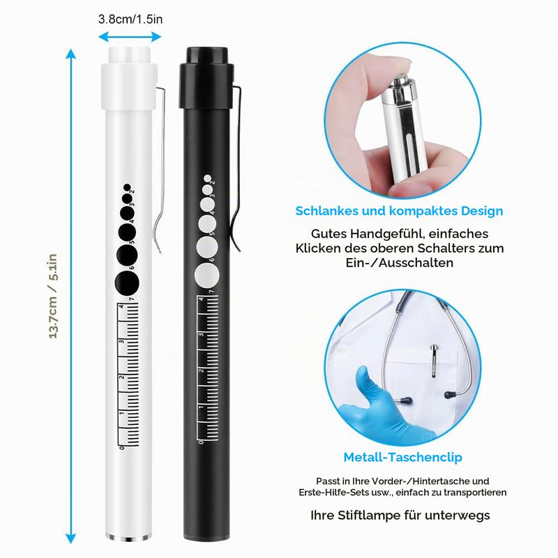 flintronic 2 x Pupil Light Medicine, Diagnostic Light Nurse Emergency Service Accessories with Pupil Meter & Ruler, Rechargeable USB LED Pen Lamp for Nurses Students Doctors #7 White/Black 2pcs
