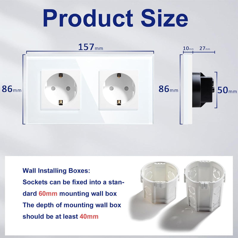 BSEED Schuko 2-Way Socket, EU Standard, Double Socket, Wall Outlet, Crystal Glass Plate, 16 Amps, 250V, Extension Sockets, 157 mm, White 2 outlets