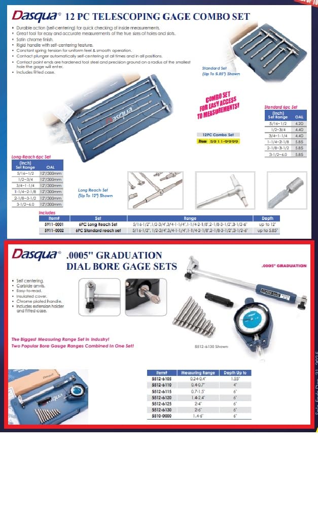[Australia - AusPower] - Dasqua 5911-0002 8-100Mm / 5/16-6" Telescoping Gage Set 6 Pc. Set - Satin Chrome Standard up to 5.35" 