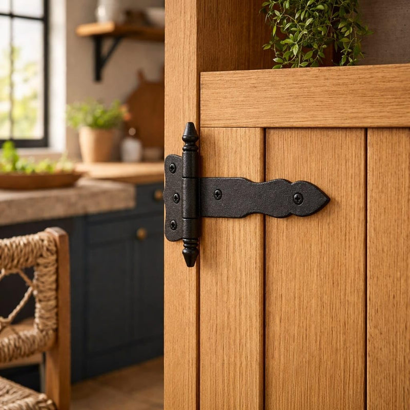 Renovators Supply Manufacturing Pack of 2 Shed Door Hinge 5 in. Black Wrought Iron Antique Style Decorative Flush Mount Cast Iron Barn Door Shed Hinge with Mounting Hardware