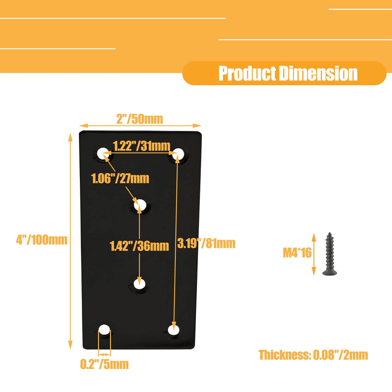 [Australia - AusPower] - 4pcs Metal Flat Straight Brace Bracket, 4'' x 2'' (L x W) Stainless Steel Mending Plate, Joining Bracket Wood Connectors for Furniture Corner Braces with Screws (Black) Black-4pcs 4'' x 2''/ 100mm x 50mm 