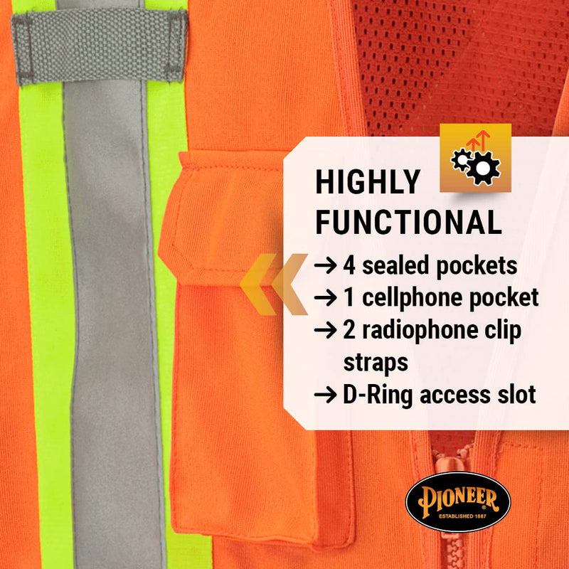 Pioneer Hi Vis Tear-Away Mesh Back Safety Vest for Me - Reflective Tape, 4 Pockets - Construction, Traffic, Security - Orange Hi-vis Orange 5X-Large