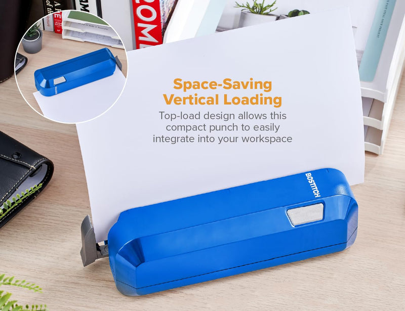Bostitch Office Electric 3-Hole Punch, Dual Paper Loading, Heavy Duty, Jam-Free 20 Sheet Capacity, AC Adapter or Battery Powered, Space Saving, Blue, (EHP20-BLUE)