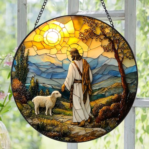 Stained Glass Jesus Suncatcher - 7.9" Real Glass Good Shepherd & Lamb Mountain Window Hanging, Weatherproof Christian Religious Decor, Sympathy Easter Memorial Gift for Mom Women Ivory