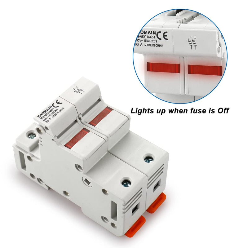 Baomain RT18-63 Fuse Holder Base with 10x40A Ceramic Fuses (14x51mm) – 2 Pole DIN Rail Mount, LED Indicator, CE Certified (40 Amp) RT18-63(X)-2P-40A