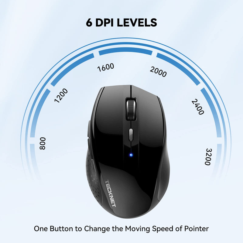 [Australia - AusPower] - TECKNET Bluetooth Mouse, 3200 DPI Computer Mouse, 2-Year Battery Wireless Mouse 6 Adjustable DPI, 6 Buttons Compatible with Laptop/Windows/Computer Black 